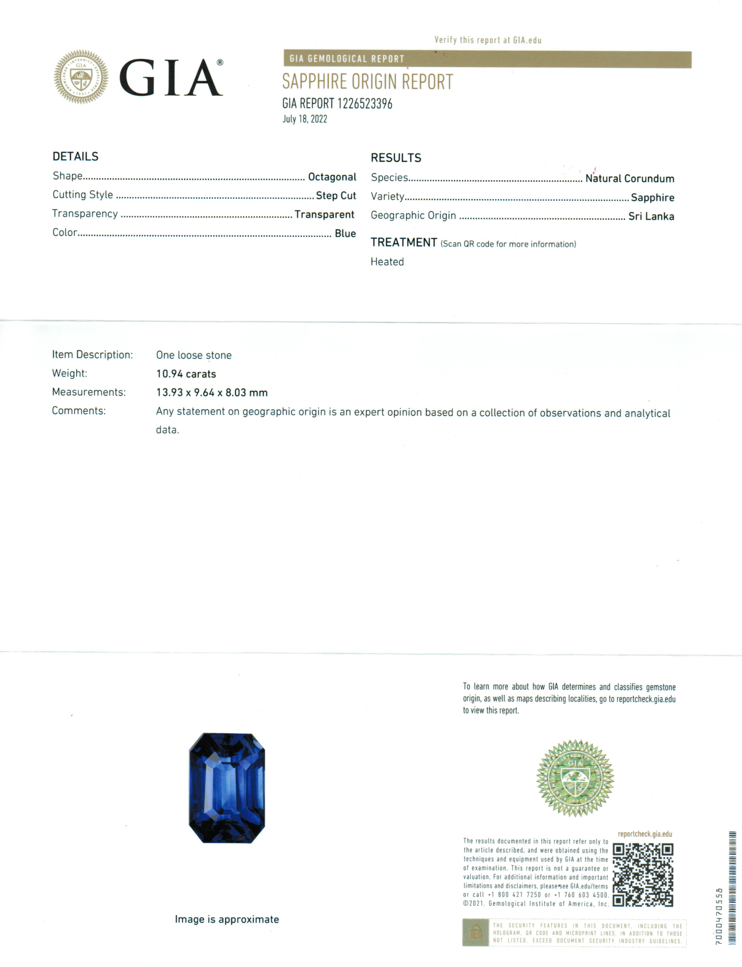 Blue Sapphire Emerald Cut: 10.94ct