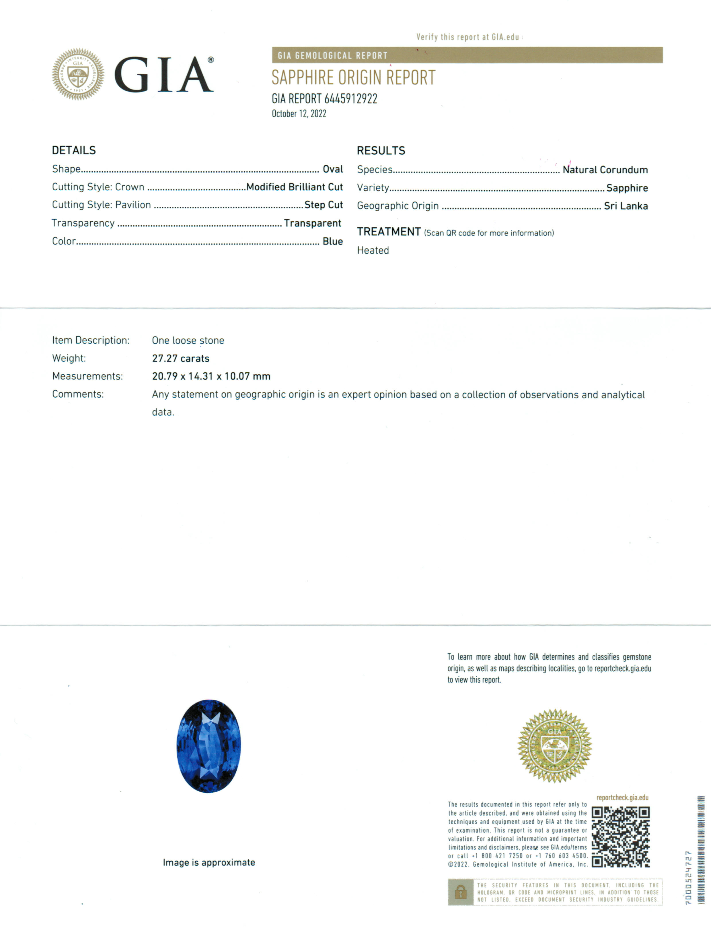 Blue Sapphire Oval: 27.27ct