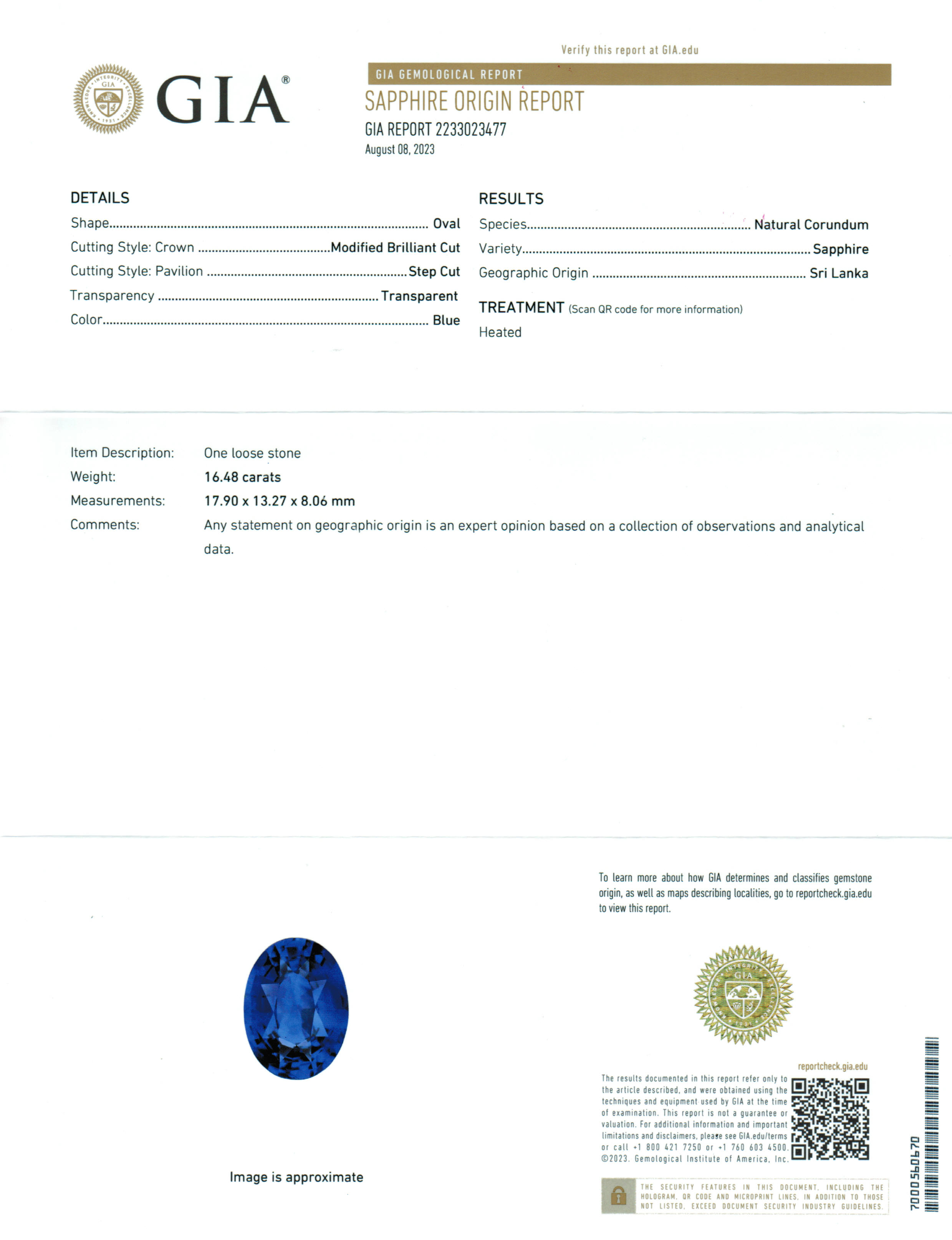 Blue Sapphire Oval: 16.48ct